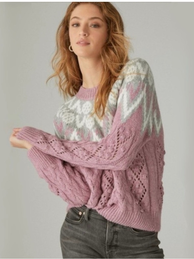 Lucky Brand Mauve Fair Isle Cable Knit Sweater